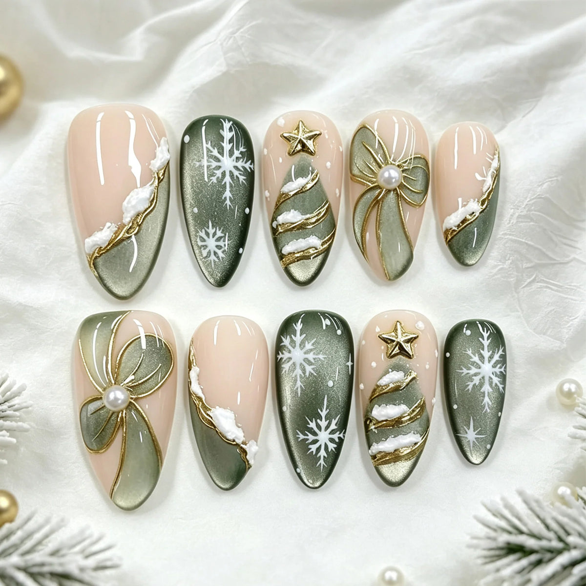 Press-On Nail Set 24-Piece Green Floral Reusable