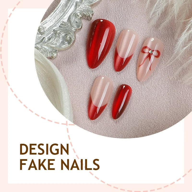Press-On Nail Set 24 Piece Red Glitter Bow Motifs