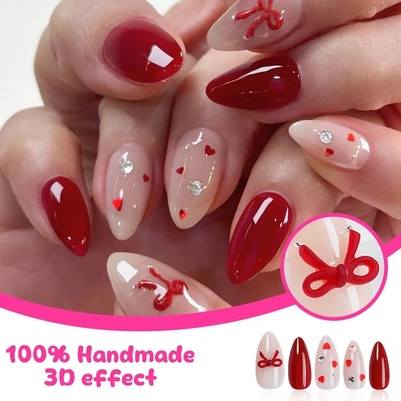 Press-On Nail Set 24-Piece Red & Nude Hearts
