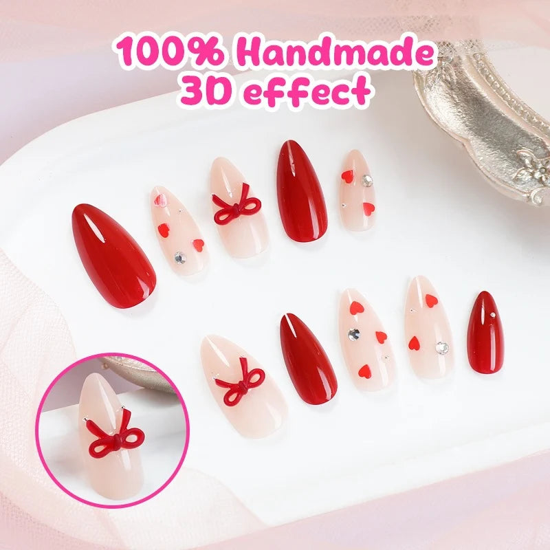Press-On Nail Set 24-Piece Red & Nude Hearts