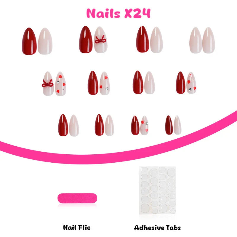 Press-On Nail Set 24-Piece Red & Nude Hearts