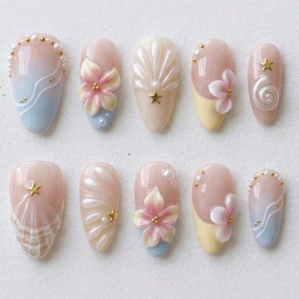 Press-On Nail Set 24-Piece Reusable Flower & Shell