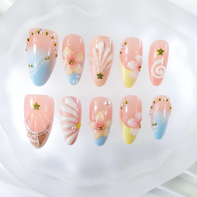 Press-On Nail Set 24-Piece Reusable Flower & Shell