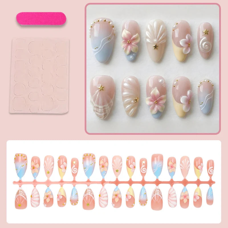 Press-On Nail Set 24-Piece Reusable Flower & Shell