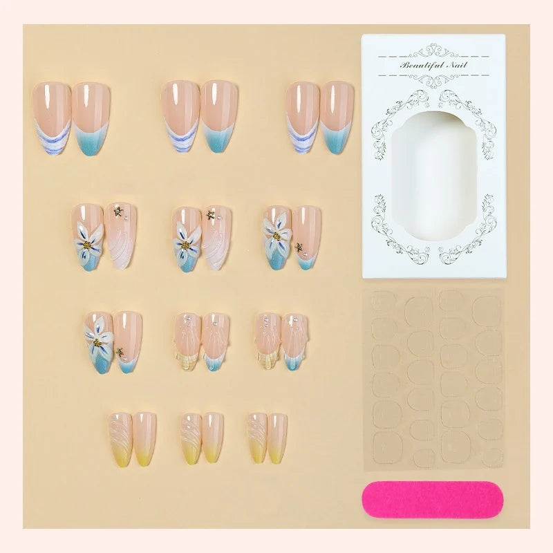 Press-On Nail Set 24-Piece Self-Adhesive Floral & Gradient