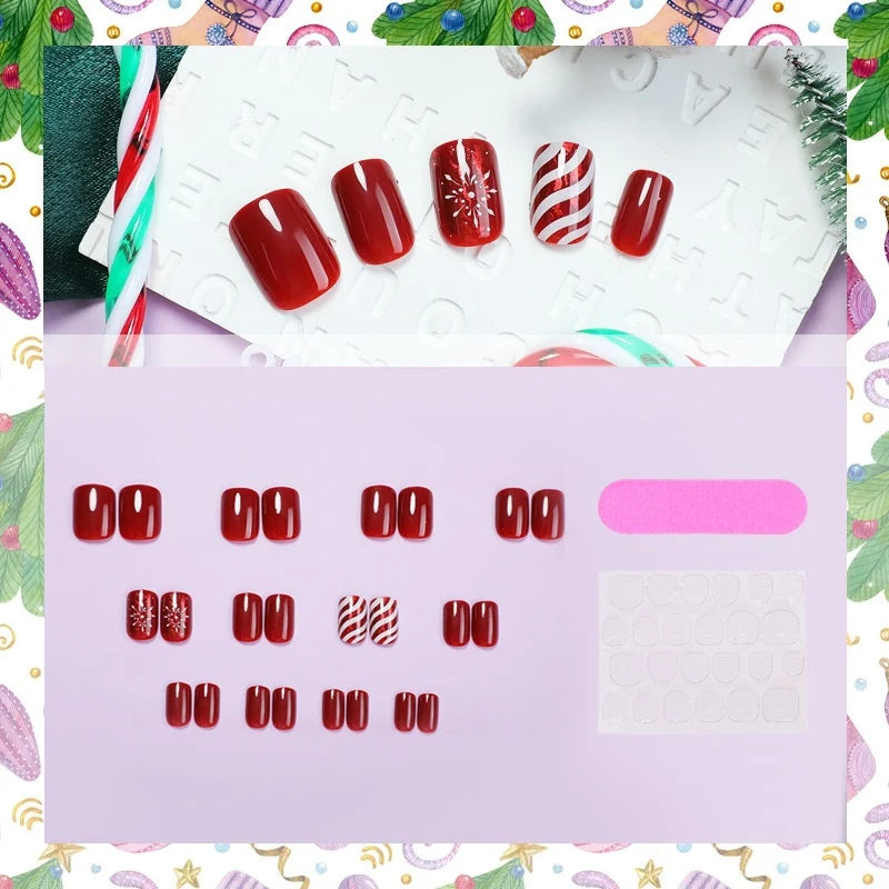 Press-On Nail Set 24-Piece Self-Adhesive Snowflake & Candy Cane