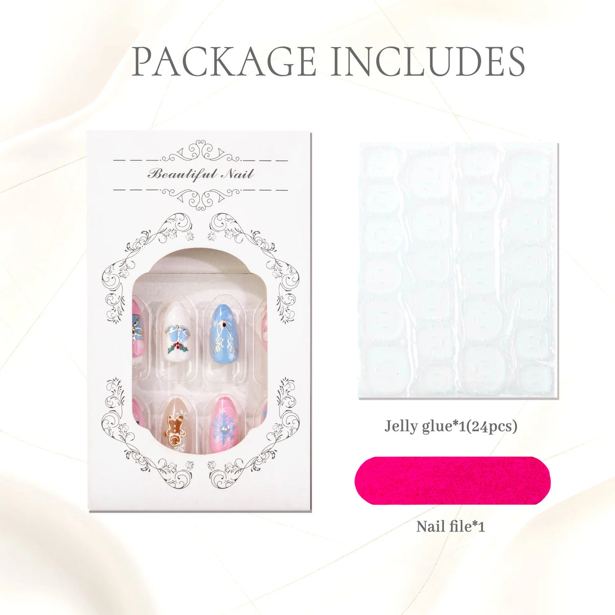 Press-On Nail Set 24-Piece Themed Designs Jelly Glue & File