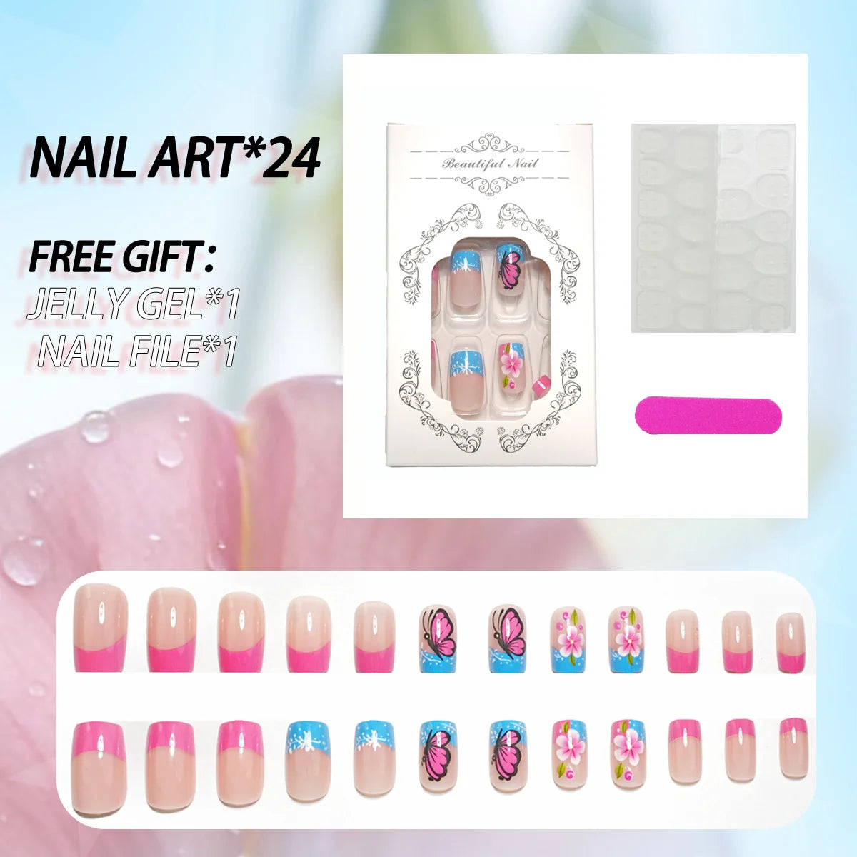 Press-On Nail Set 24 Pieces Floral & Butterfly