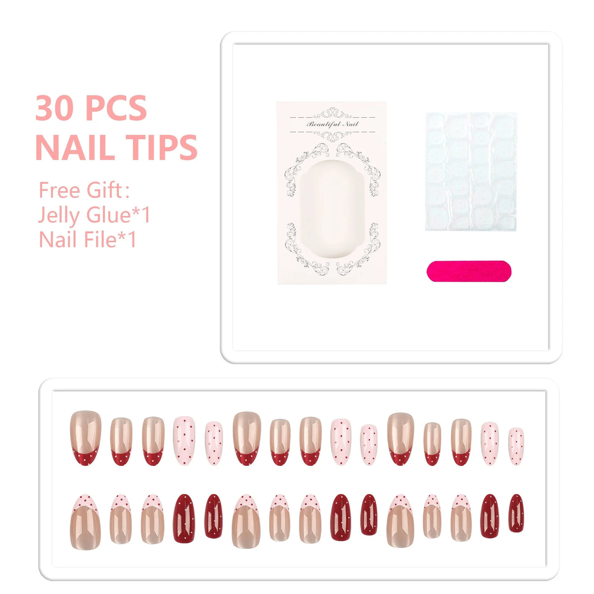 Press-On Nail Set 30 Tips Jelly Glue & File