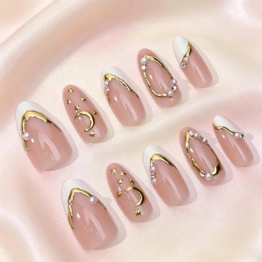 Press-On Nail Set 3D Embellished Gold Accents Long-Lasting