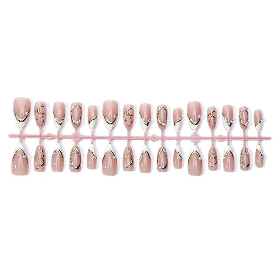 Press-On Nail Set 3D Embellished Gold Accents Long-Lasting