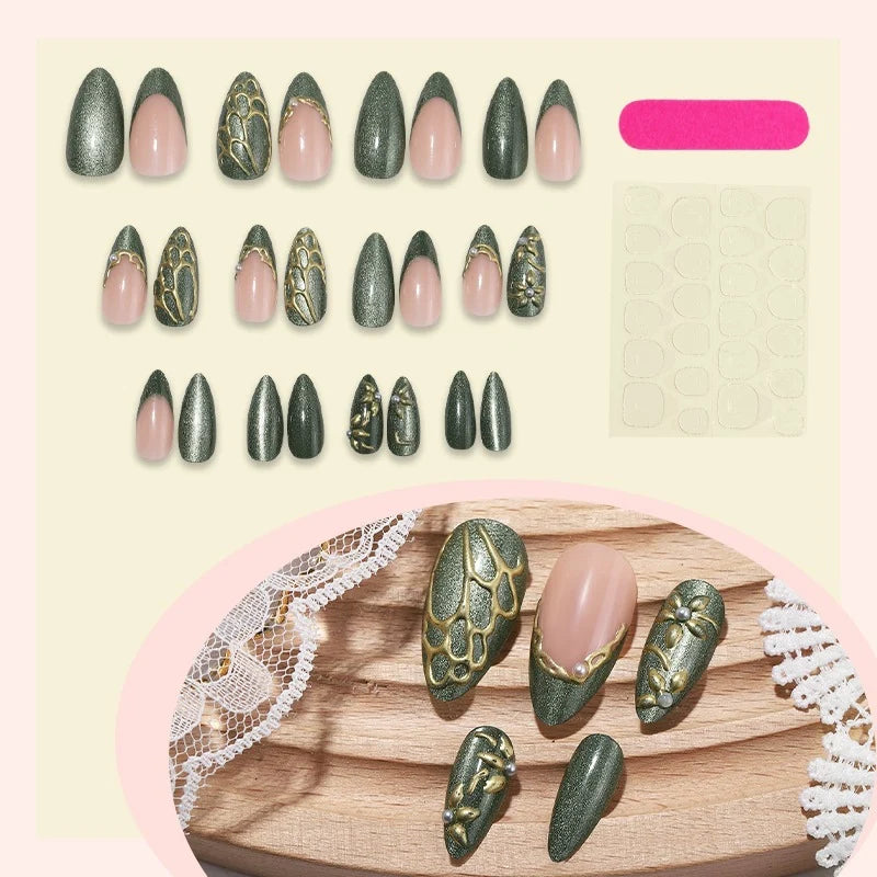 Press-On Nail Set 3D Embellished Self-Adhesive & Reusable
