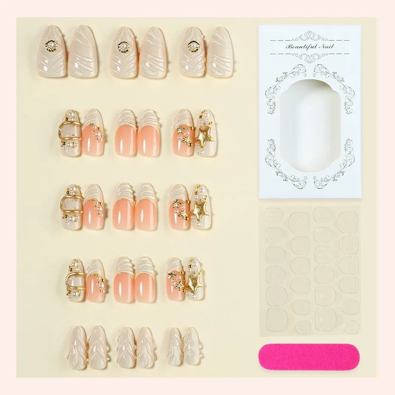 Press-On Nail Set 3D Embellishments & Gold Accents