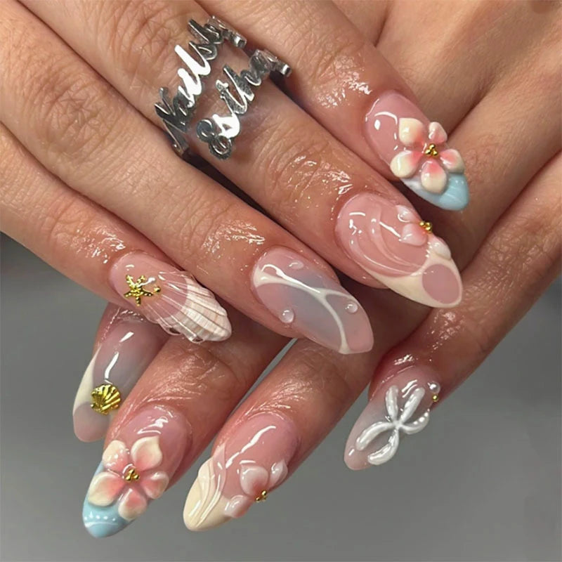 Press-On Nail Set 3D Floral Accents Reusable
