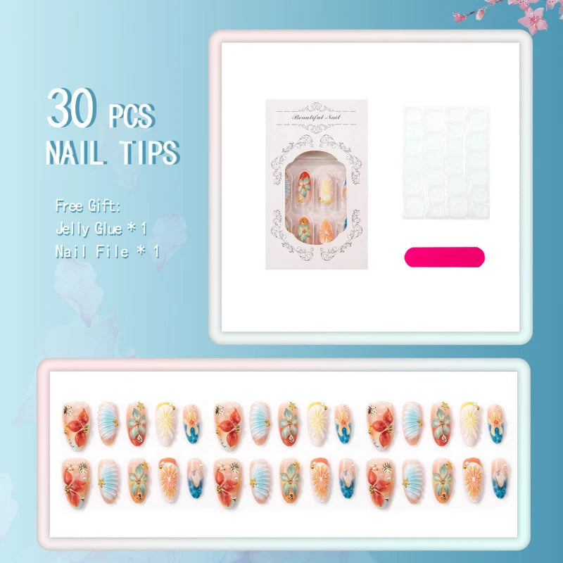 Press-On Nail Set 3D Floral Acrylic Easy Application
