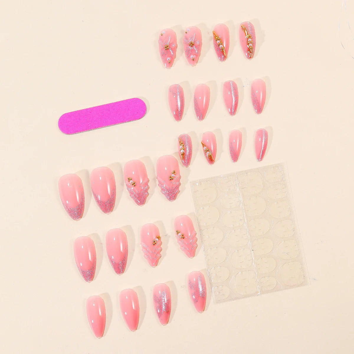 Press-On Nail Set 3D Floral Acrylic Ready To Wear