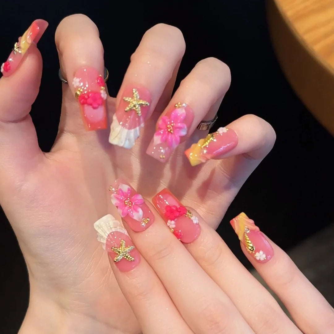 Press-On Nail Set 3D Floral Adhesive Backing Reusable