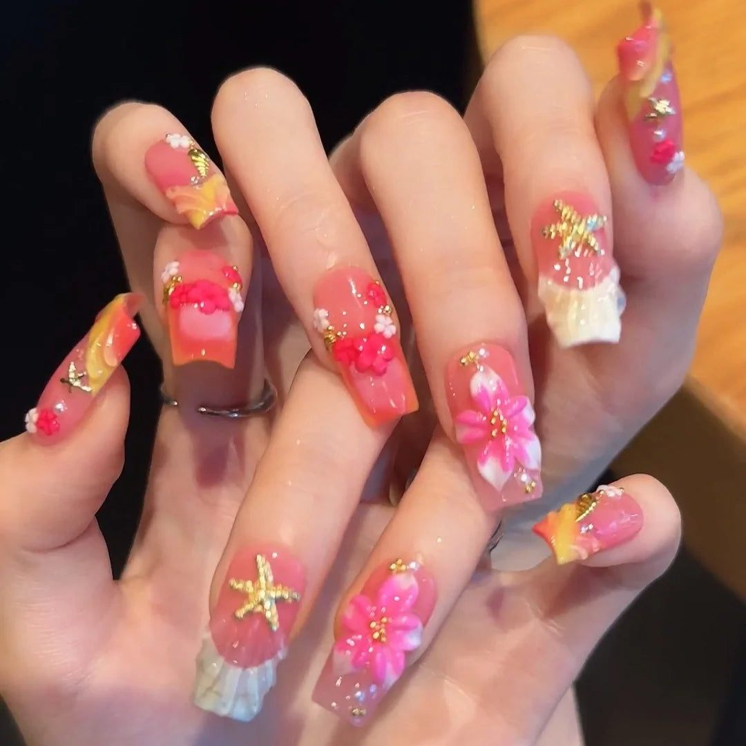 Press-On Nail Set 3D Floral Adhesive Backing Reusable