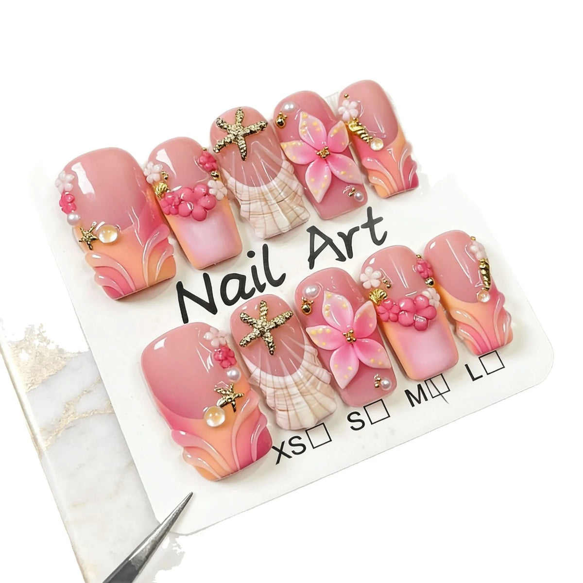 Press-On Nail Set 3D Floral Adhesive Backing Reusable