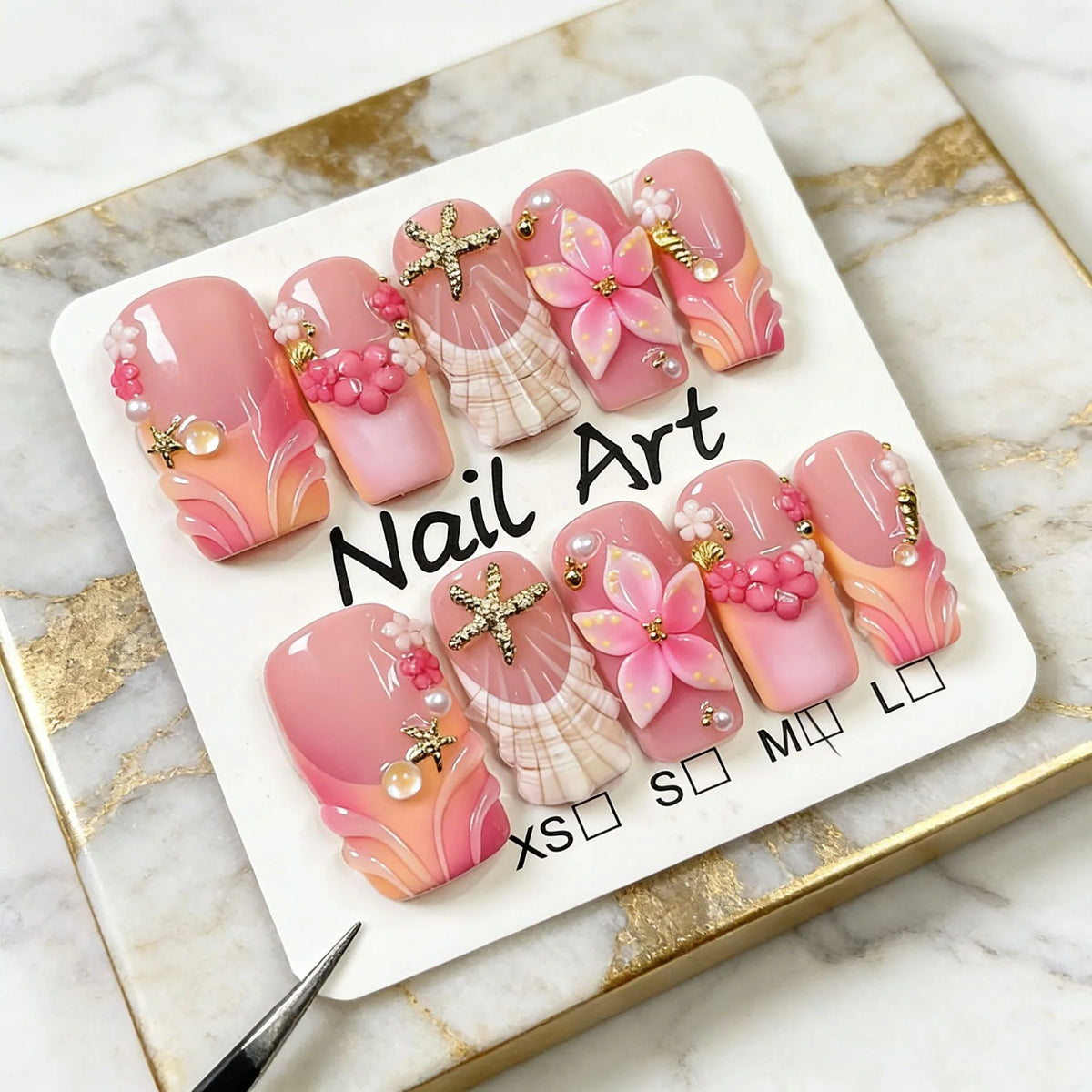 Press-On Nail Set 3D Floral Adhesive Backing Reusable
