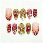 Press-On Nail Set 3D Floral Dark Blue Long-Lasting Wear