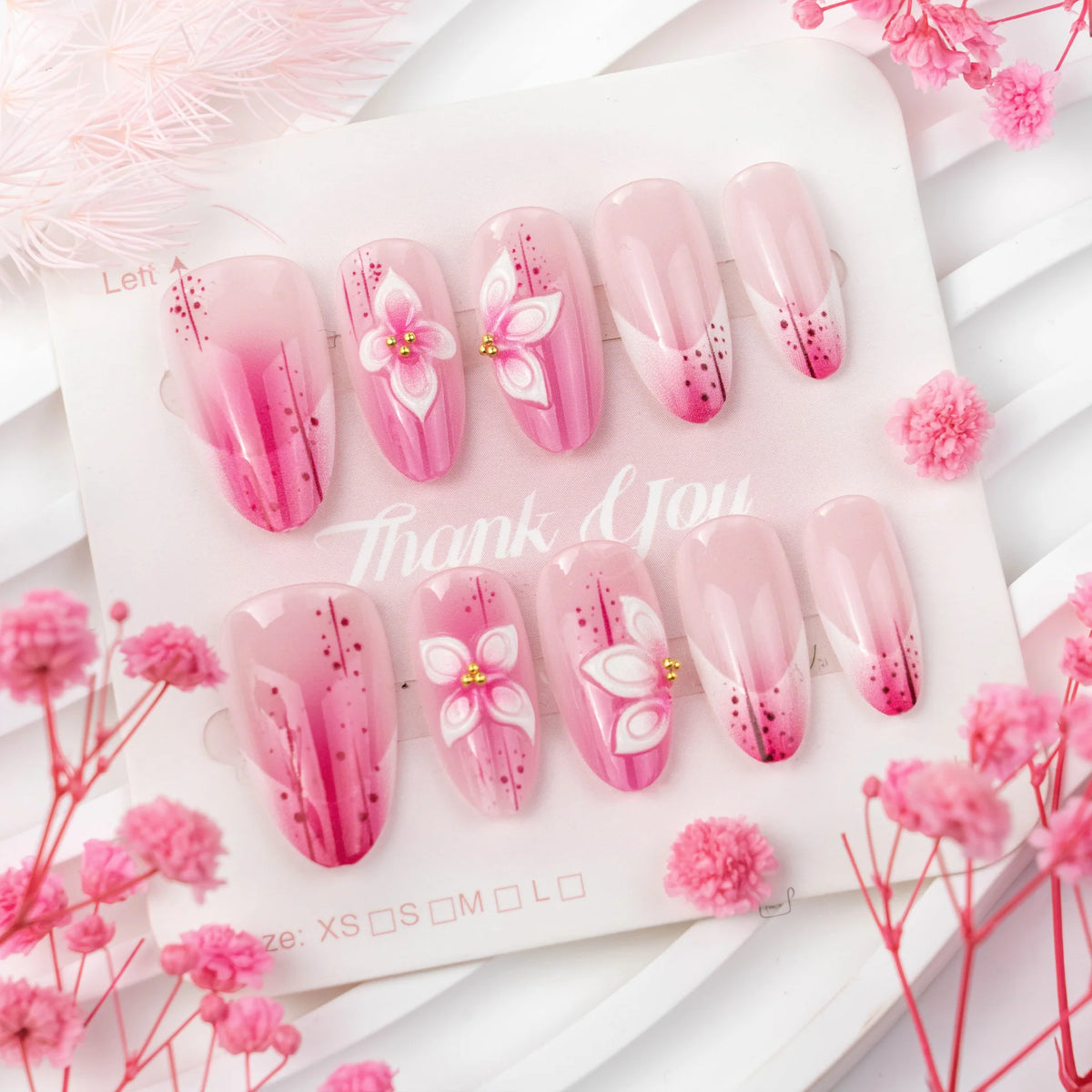 Press-On Nail Set 3D Floral Design & Strong Adhesive