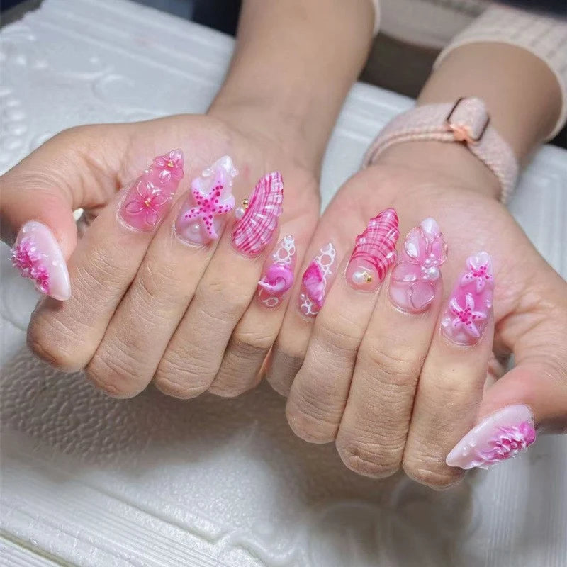 Press-On Nail Set 3D Floral Durable Acrylic