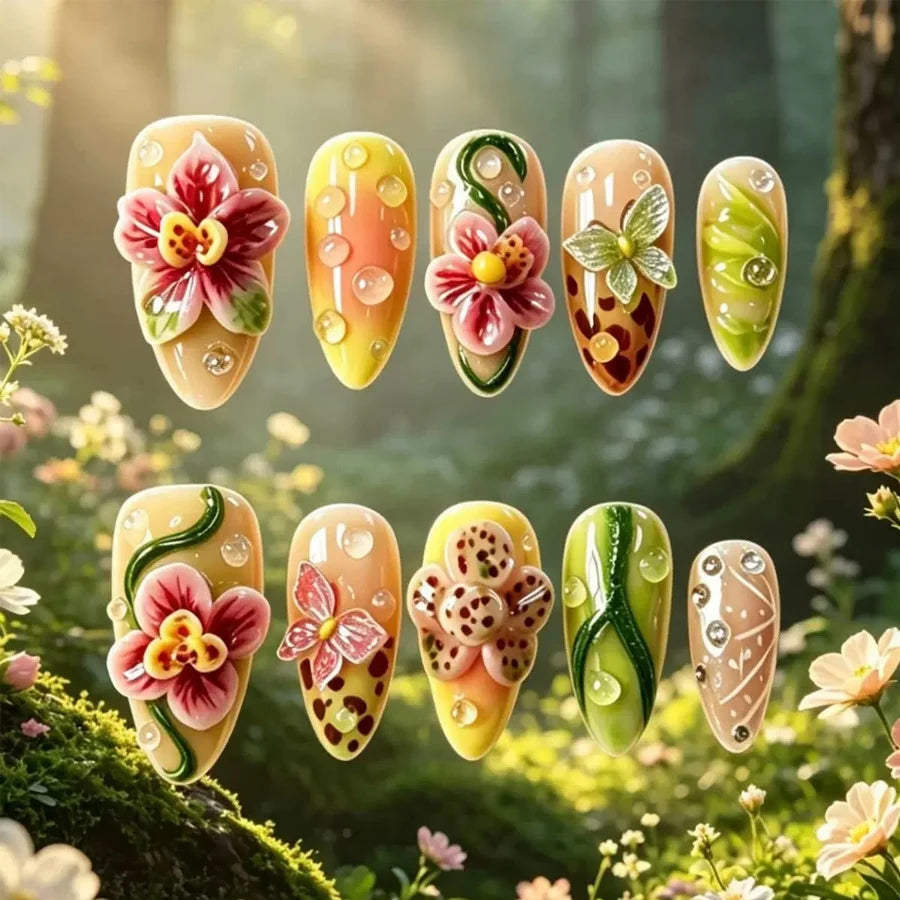 Press-On Nail Set 3D Floral Embellishments Adhesive Included