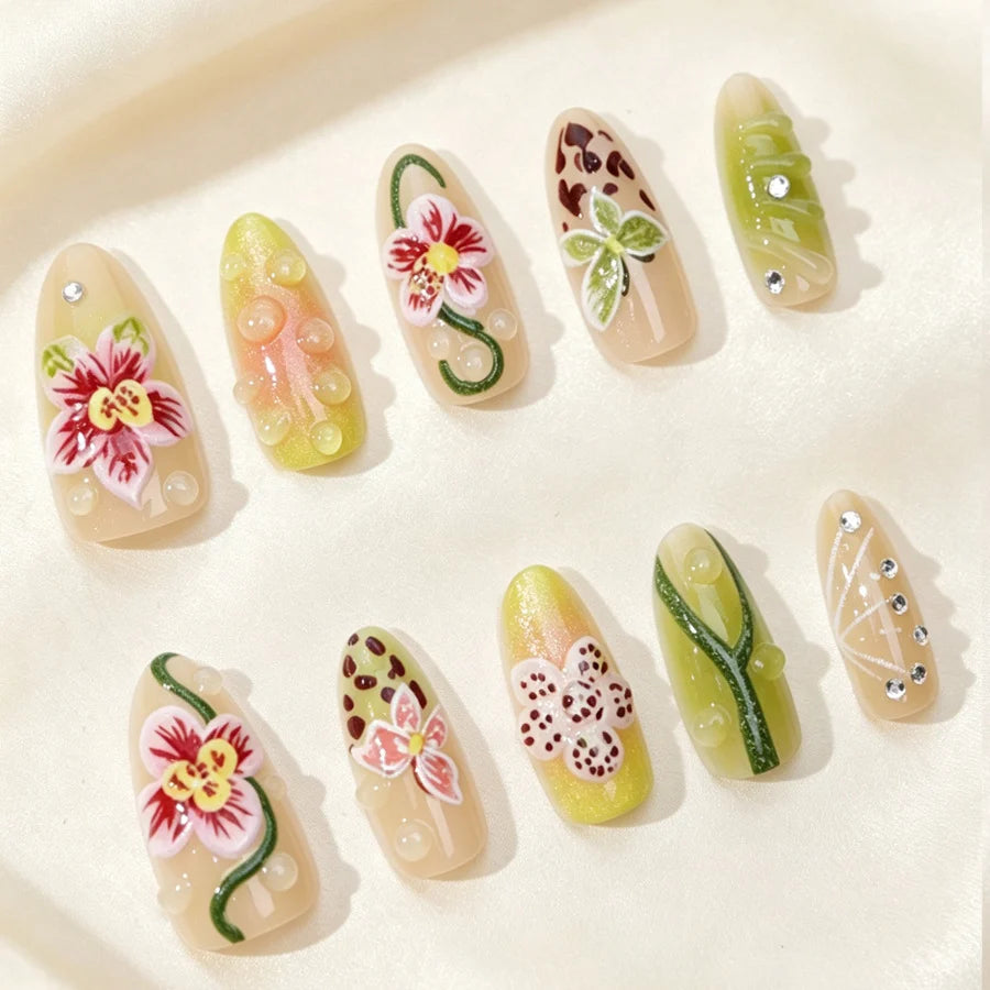Press-On Nail Set 3D Floral Embellishments Adhesive Included