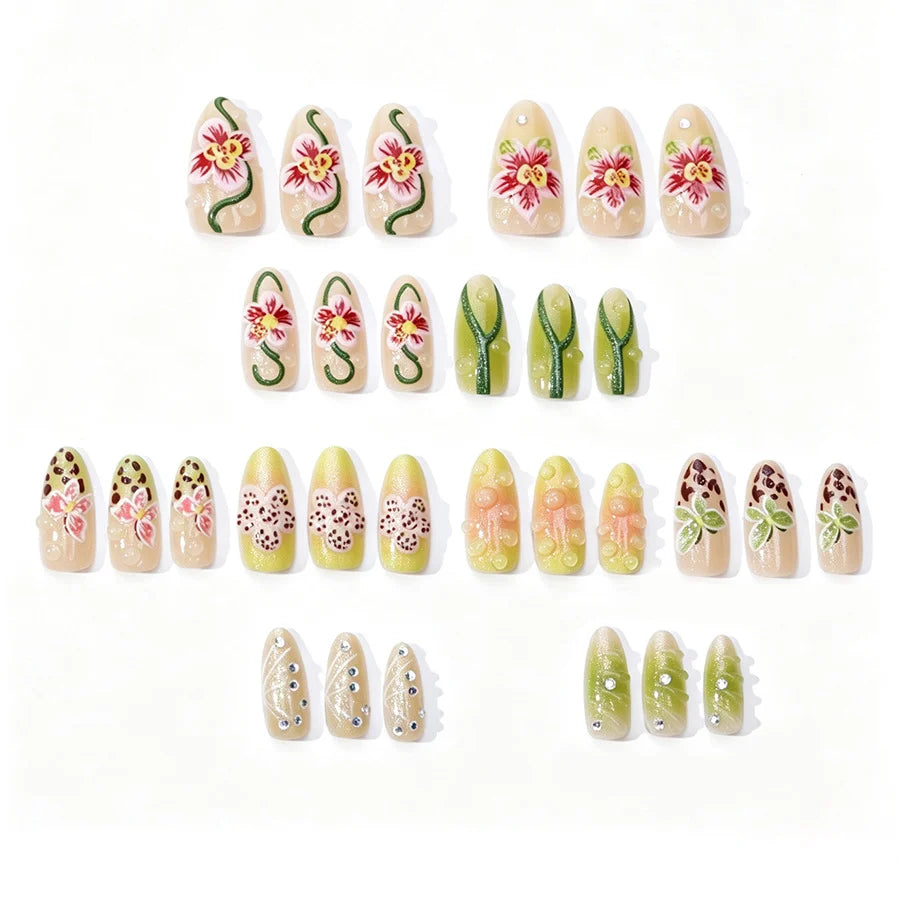 Press-On Nail Set 3D Floral Embellishments Adhesive Included