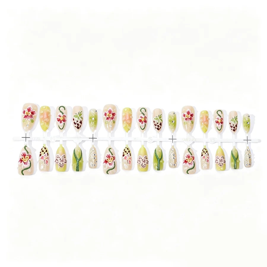 Press-On Nail Set 3D Floral Embellishments Adhesive Included