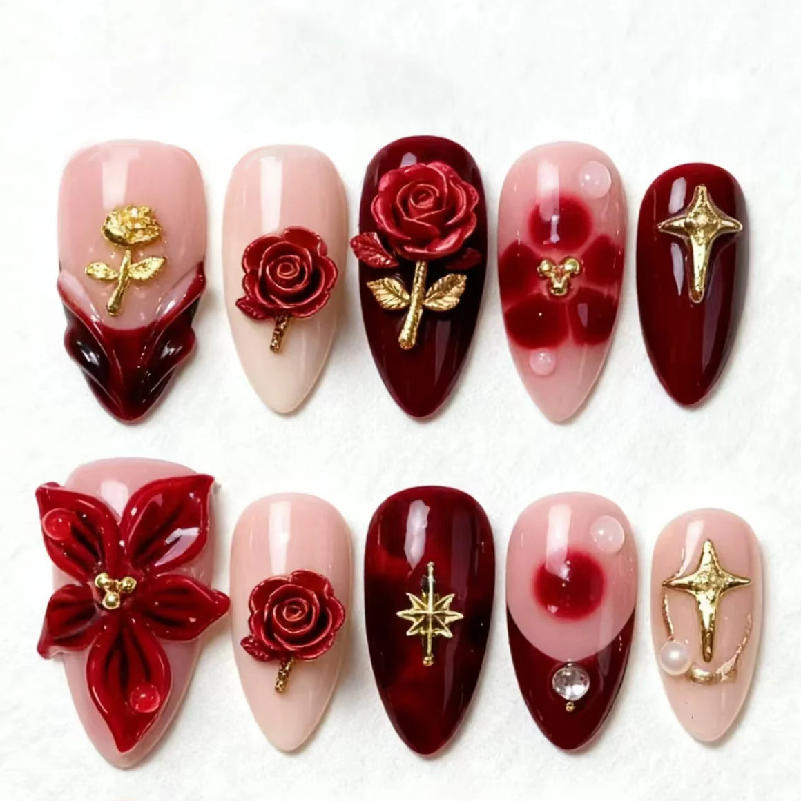 Press-On Nail Set 3D Floral & Gemstone Easy Apply