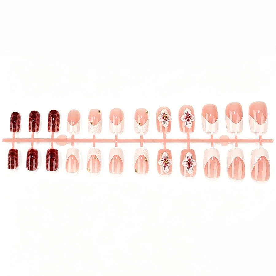 Press-On Nail Set 3D Floral & Glitter Self-Adhesive Long-Lasting