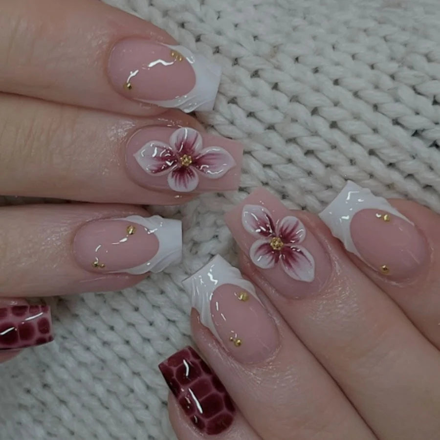 Press-On Nail Set 3D Floral & Glitter Self-Adhesive Long-Lasting