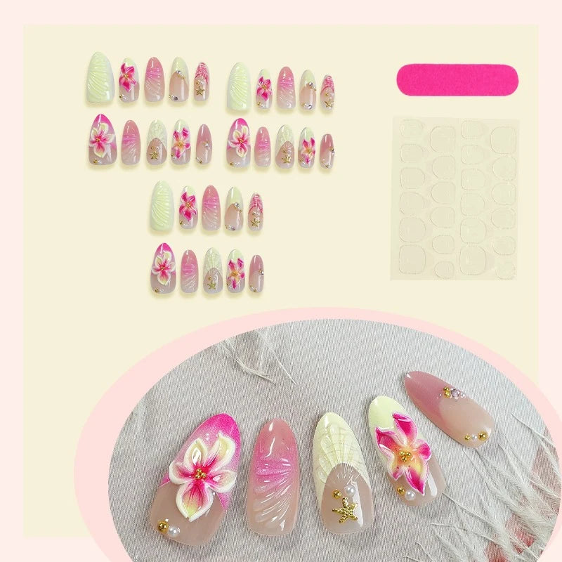 Press-On Nail Set 3D Floral Glue Kit 30 Pieces