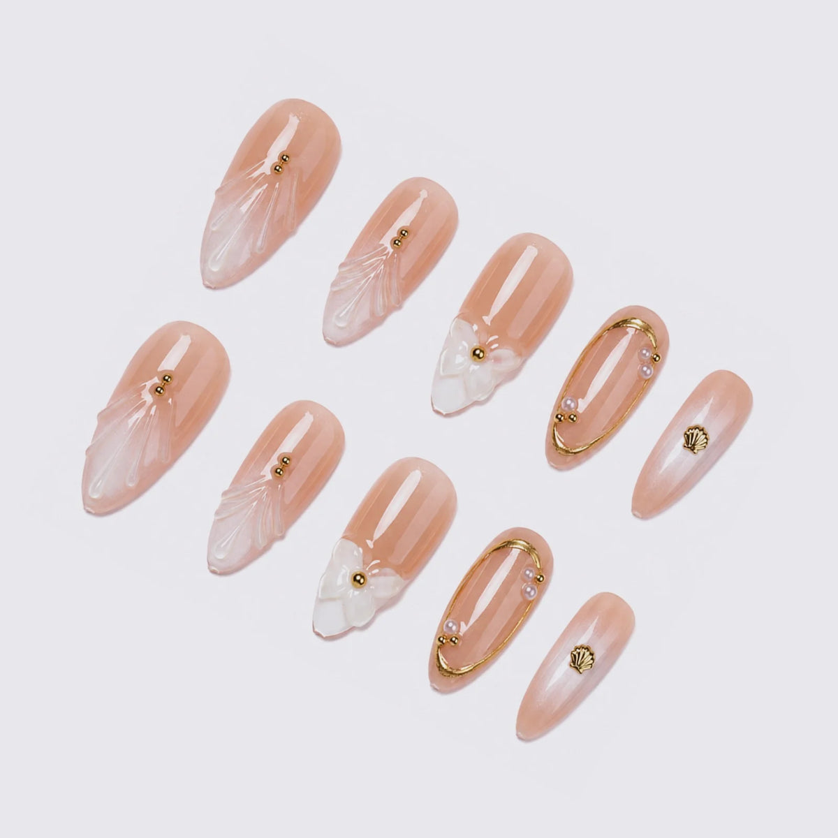 Press-On Nail Set 3D Floral Gold Accents Long-Lasting Wear