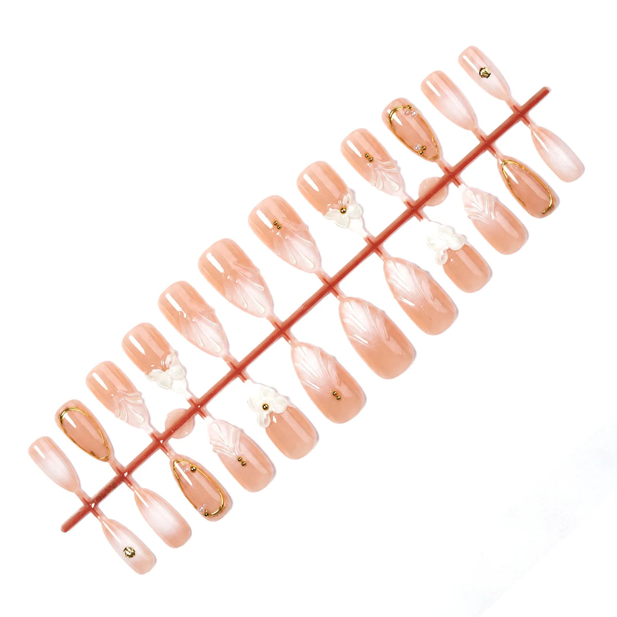 Press-On Nail Set 3D Floral Gold Accents Long-Lasting Wear