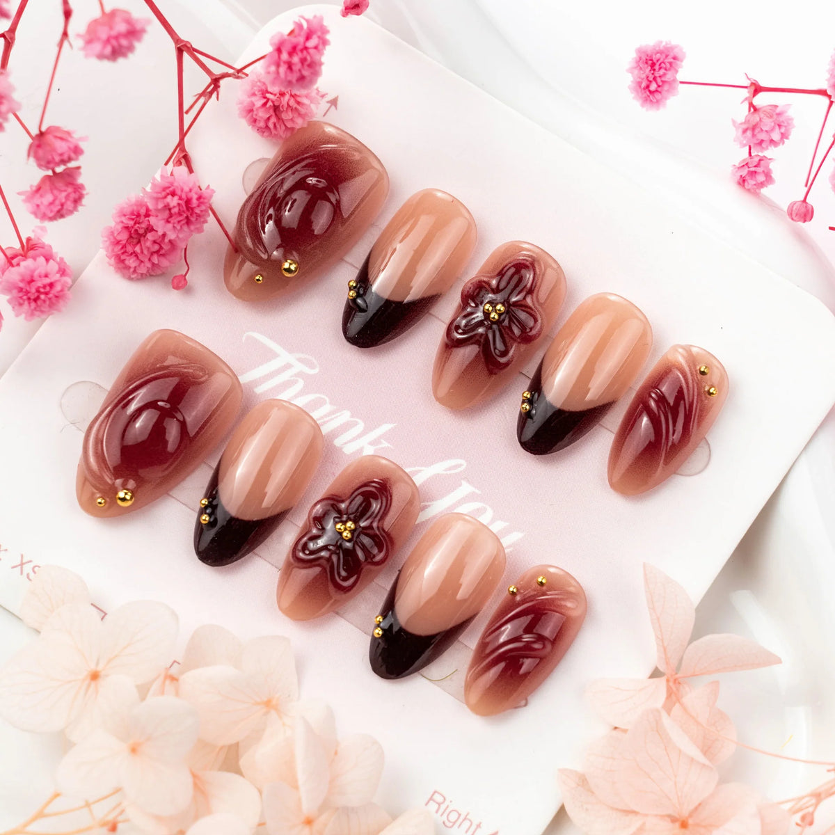 Press-On Nail Set 3D Floral & Gold Accents No-Glue