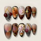 Press-On Nail Set 3D Floral & Gold Reusable