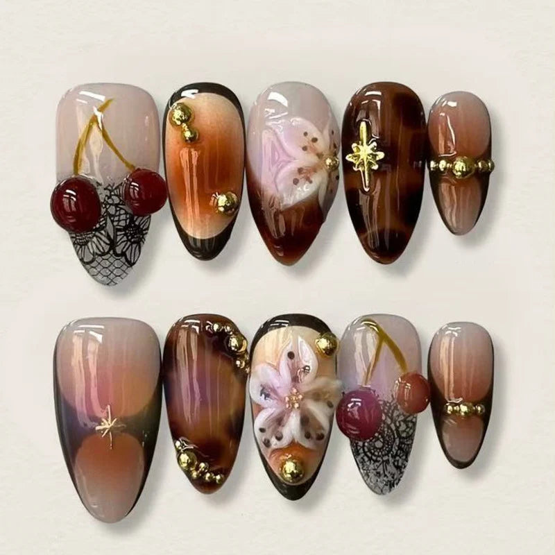 Press-On Nail Set 3D Floral & Gold Reusable