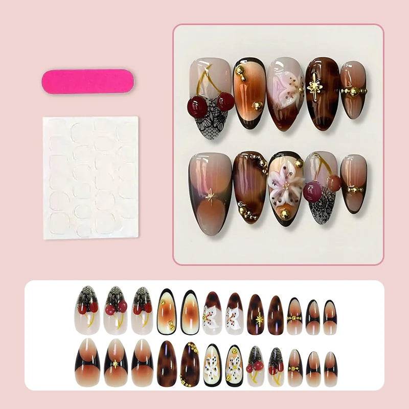 Press-On Nail Set 3D Floral & Gold Reusable