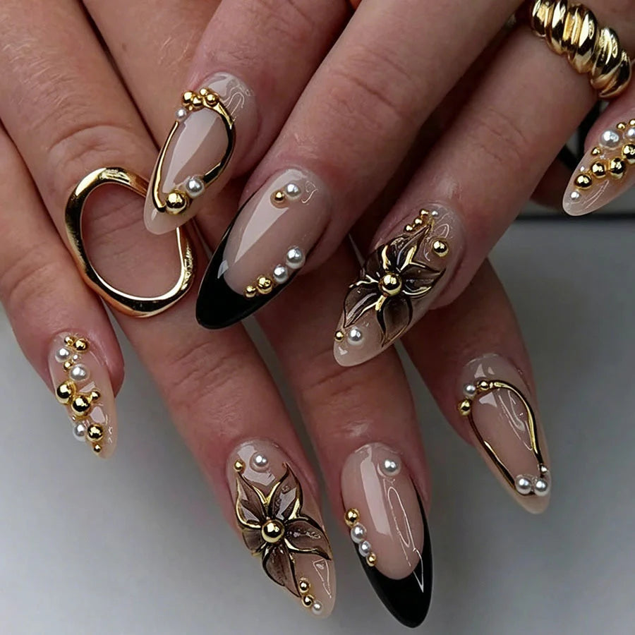 Press-On Nail Set 3D Floral Metallic Accents Easy Application