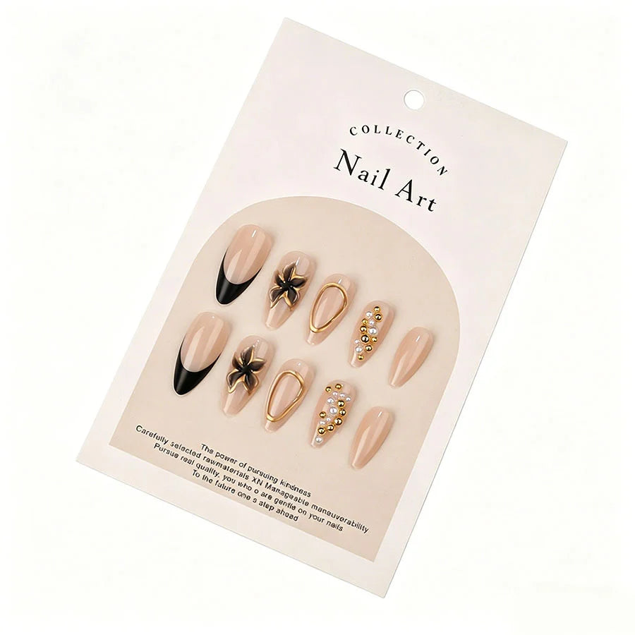 Press-On Nail Set 3D Floral Metallic Accents Easy Application