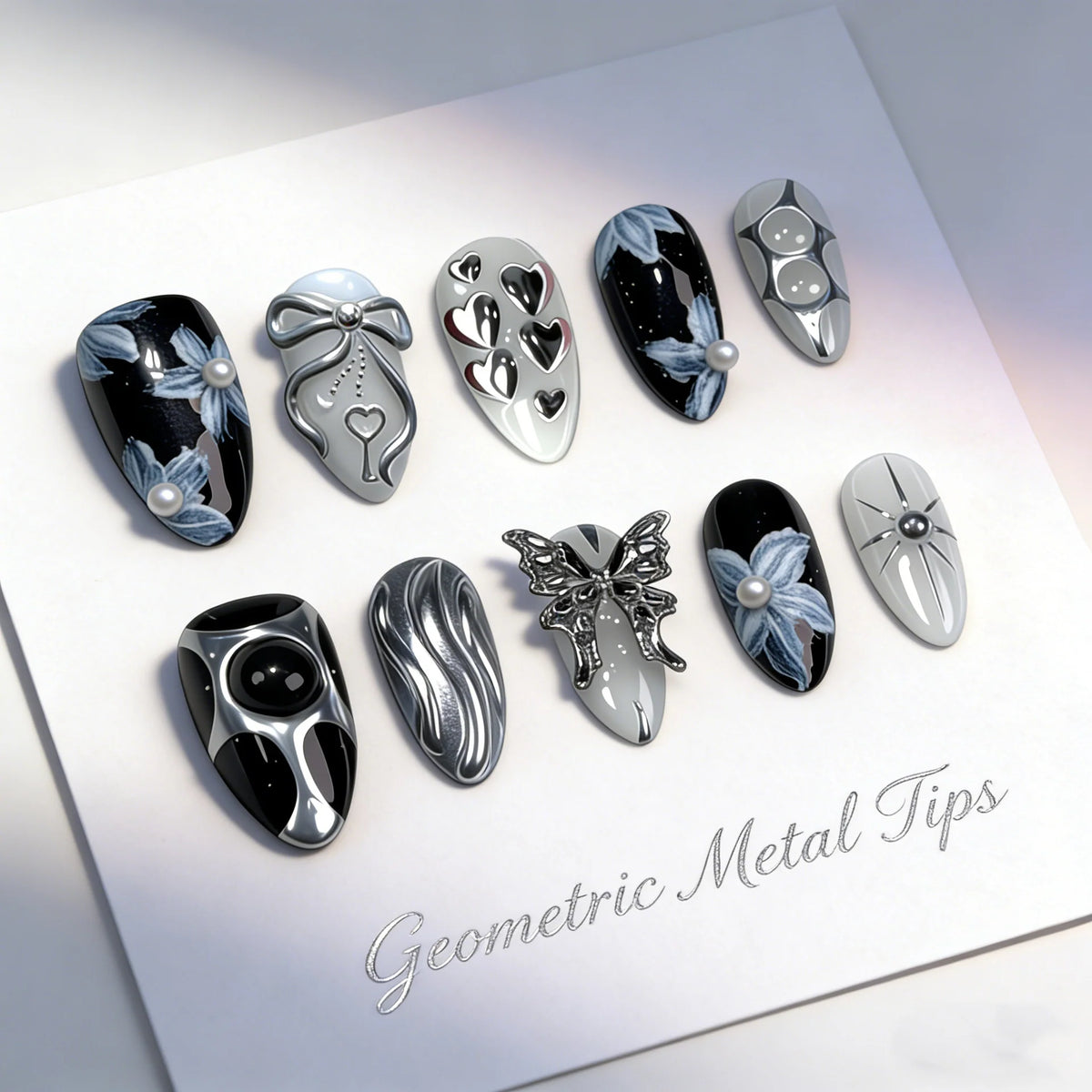 Press-On Nail Set 3D Floral & Metallic Salon-Quality