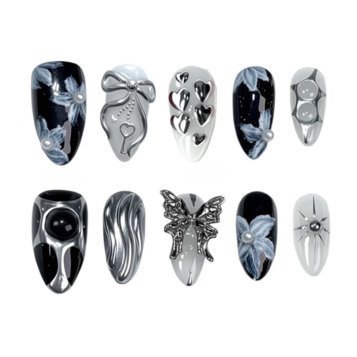 Press-On Nail Set 3D Floral & Metallic Salon-Quality