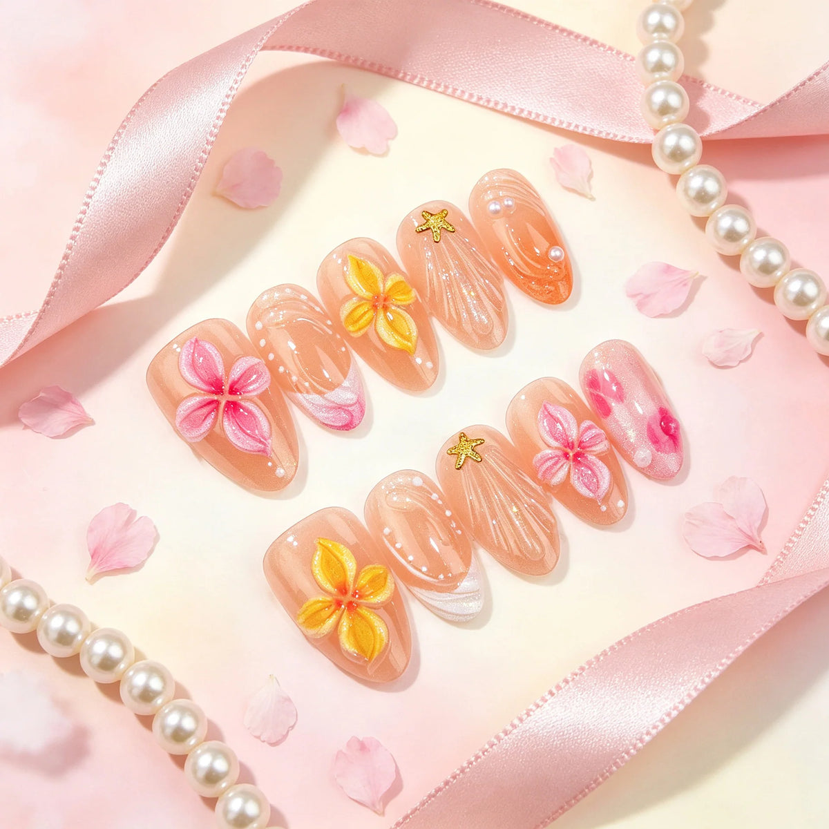 Press-On Nail Set 3D Floral No Glue & Reusable