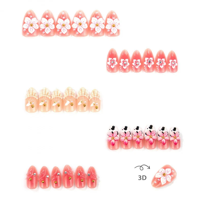 Press-On Nail Set 3D Floral No Glue & Reusable