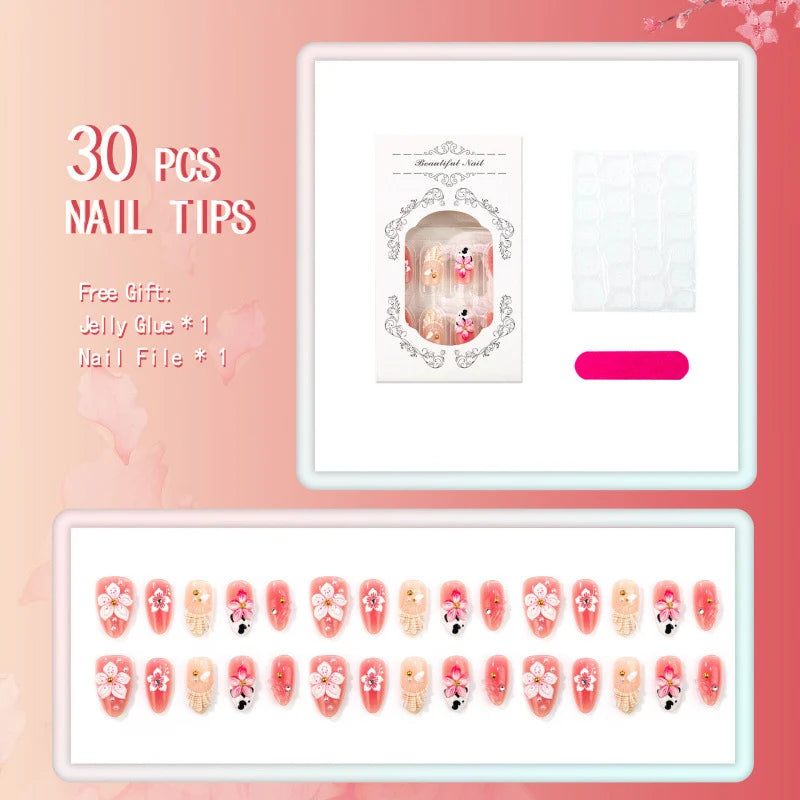 Press-On Nail Set 3D Floral No Glue & Reusable