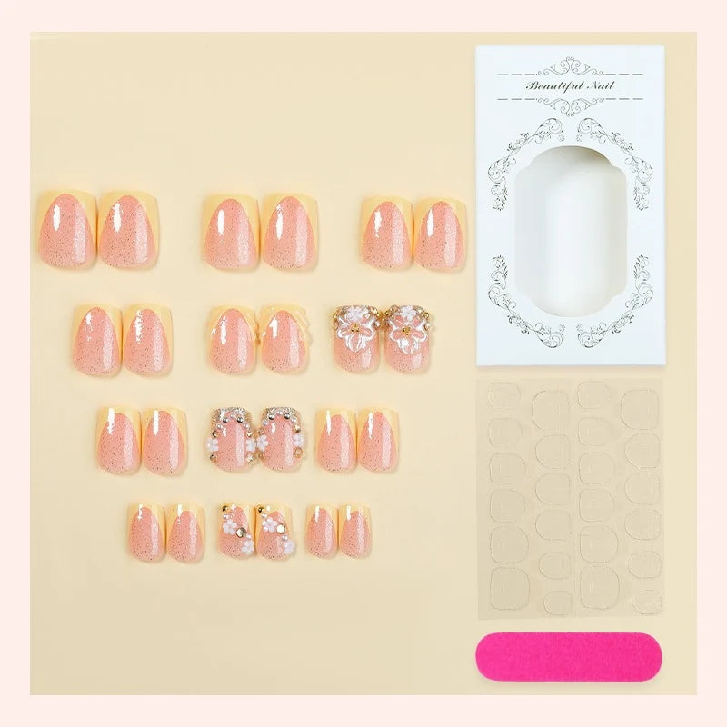 Press-On Nail Set 3D Floral Pearls Long-Lasting Wear