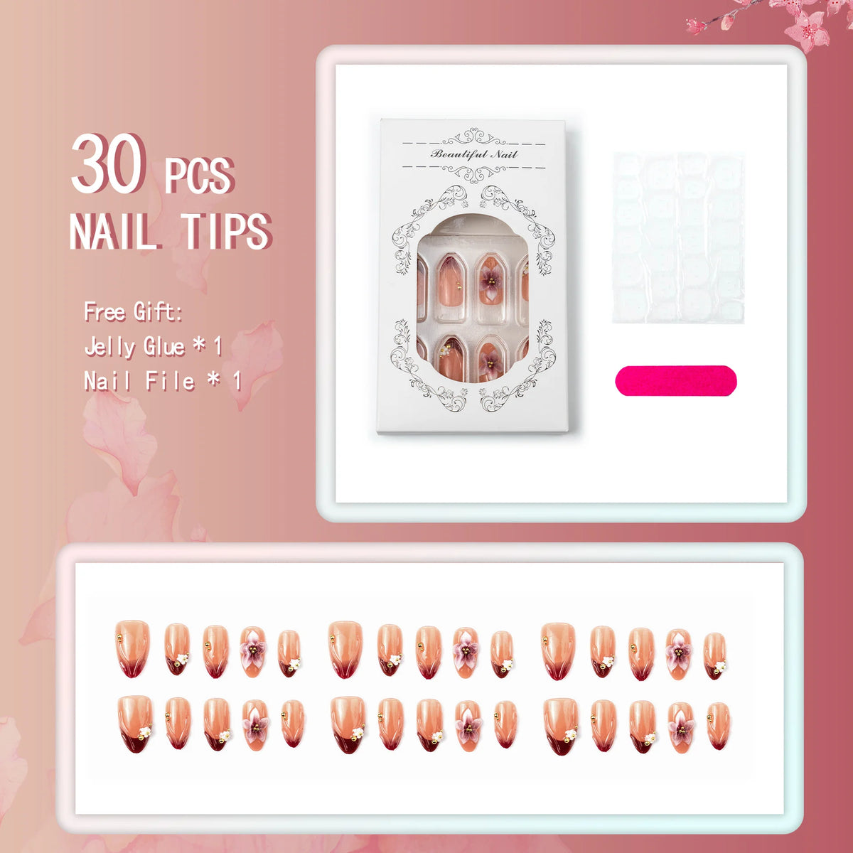 Press-On Nail Set 3D Floral Peel & Stick